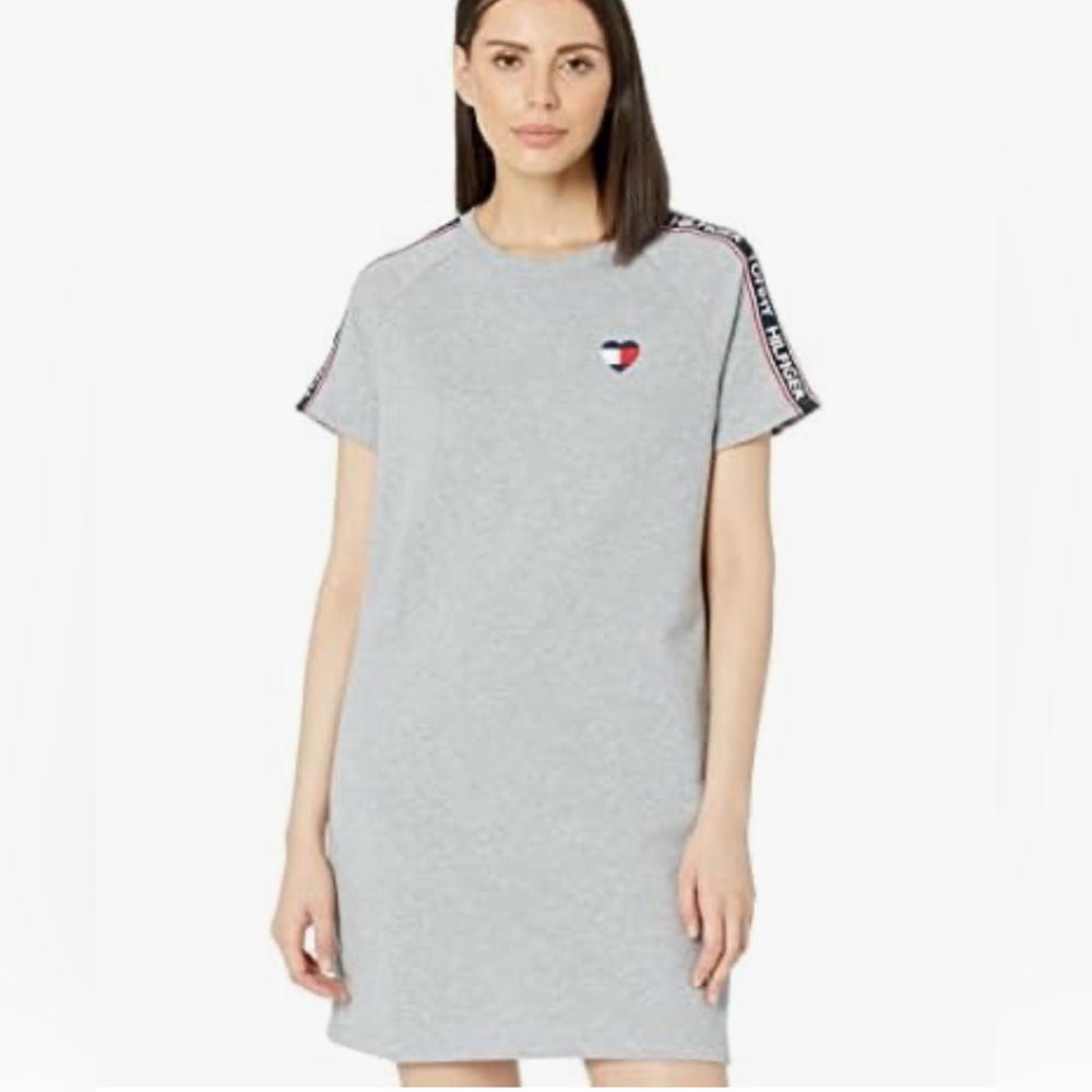 Tommy Hilfiger Short Sleeve French Terry Dress with Logo Trim Grey Heather Sz: M
